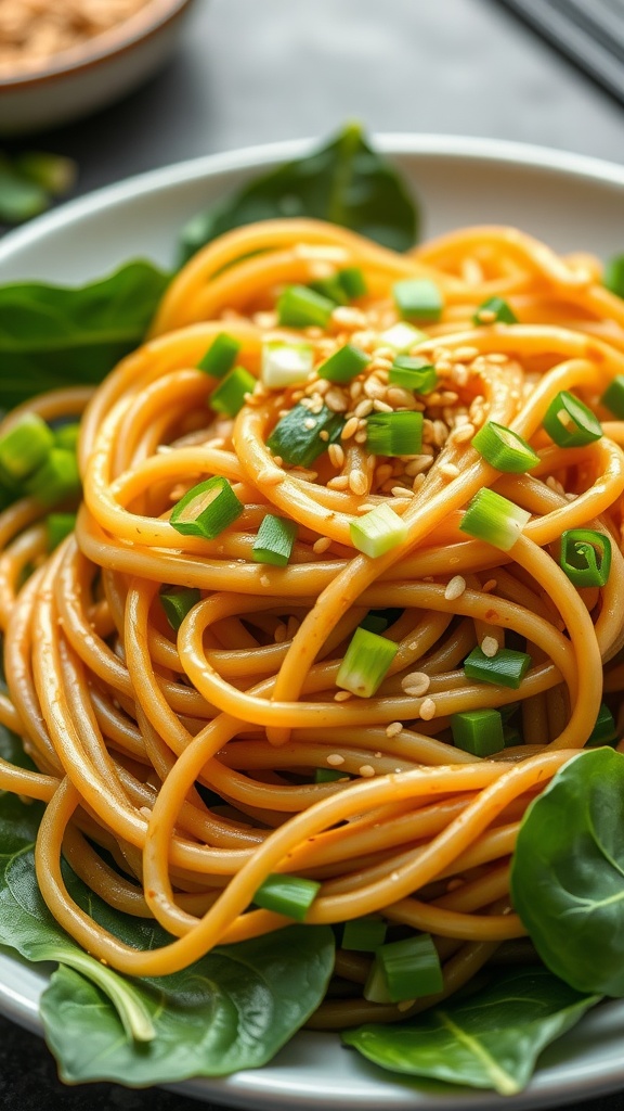 A bowl of spinach udon noodles with garlic and sesame seeds, garnished with green onions.